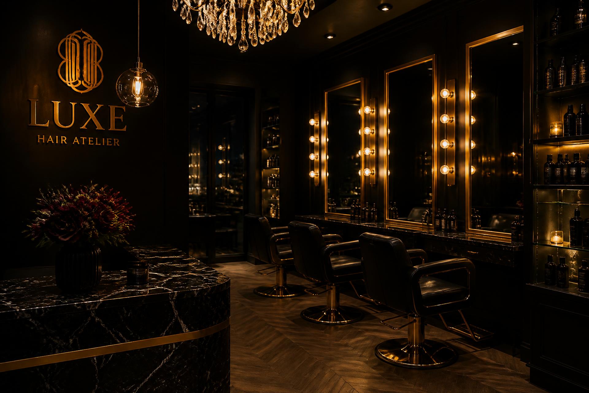 Interior of 27 House of Beauty salon with gold-lit mirrors and styling chairs